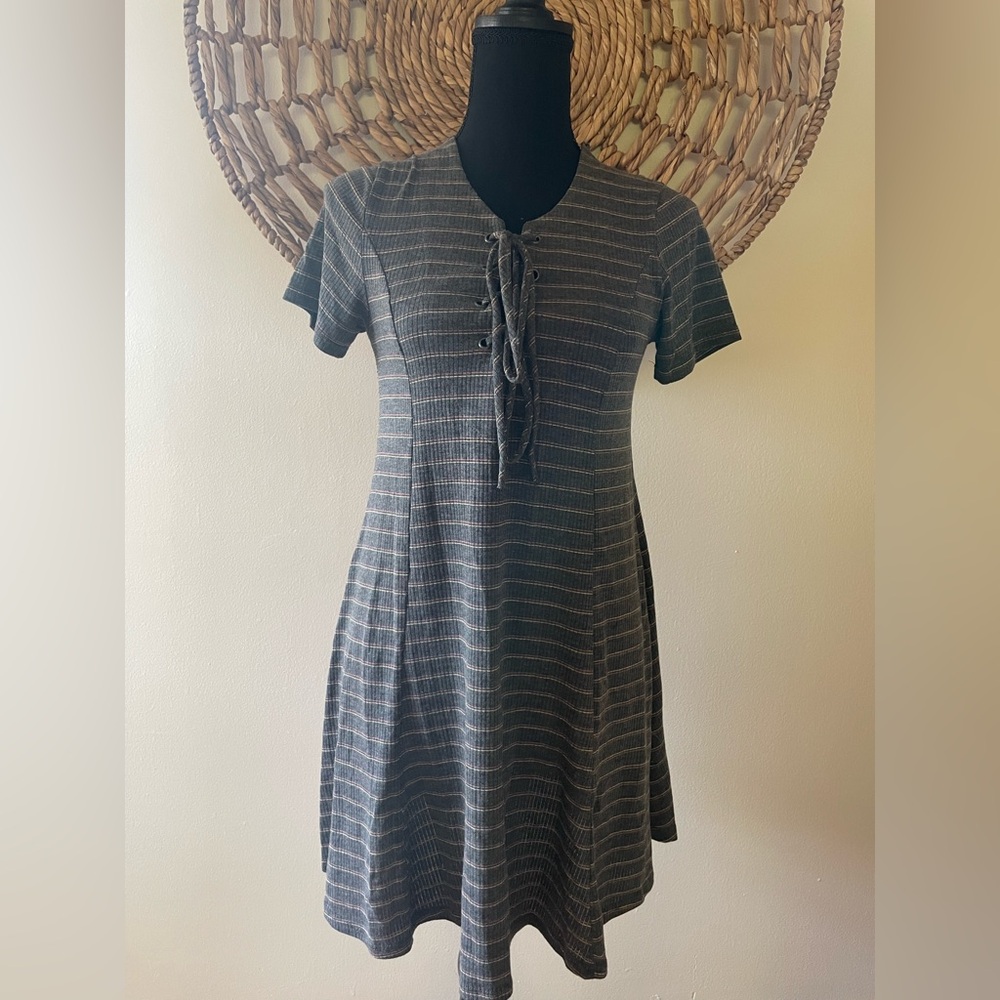 fab'rik Charcoal Striped Lace-Up Dress